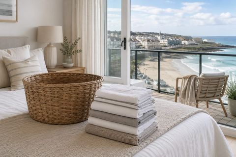 Crisp folded holiday-let linen with a North Coast sea view